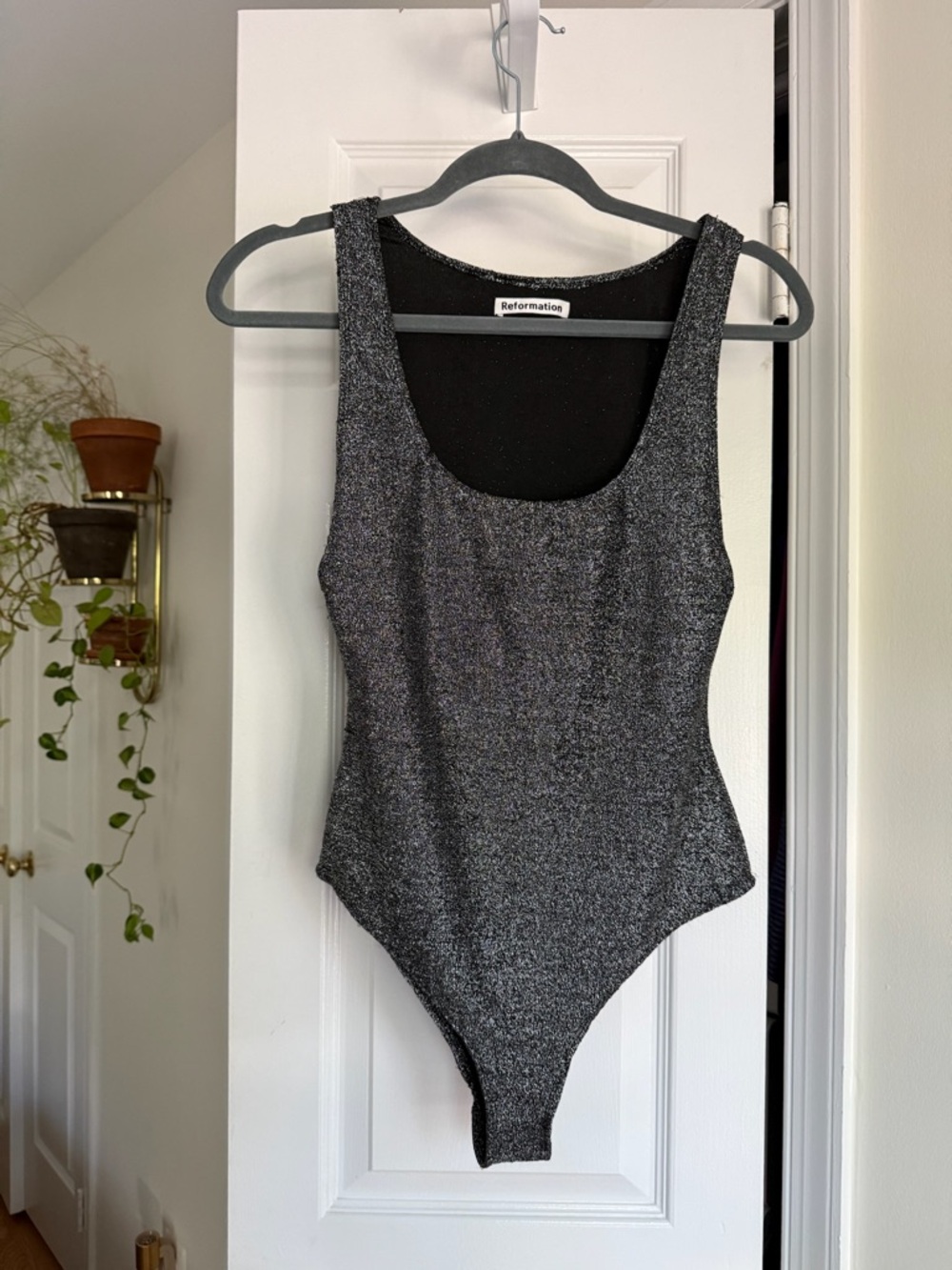Reformation Saturn Bodysuit Glitter Black Silver Shimmer Sleeveless Size M - Picture 4 of 9